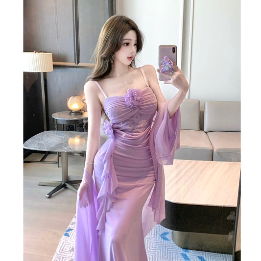Romantic Violet Floral Sling Dress & Tulle Cardigan Two-Piece Set