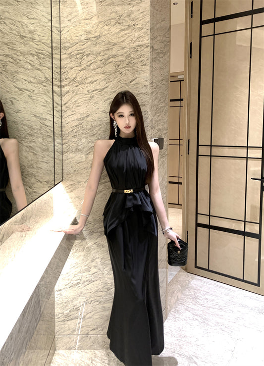 French Style Satin Halterneck Top & Skirt Set for Women