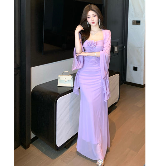 Romantic Violet Floral Sling Dress & Tulle Cardigan Two-Piece Set