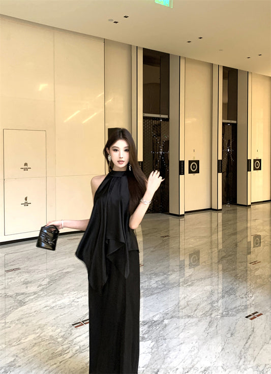 French Style Satin Halterneck Top & Skirt Set for Women
