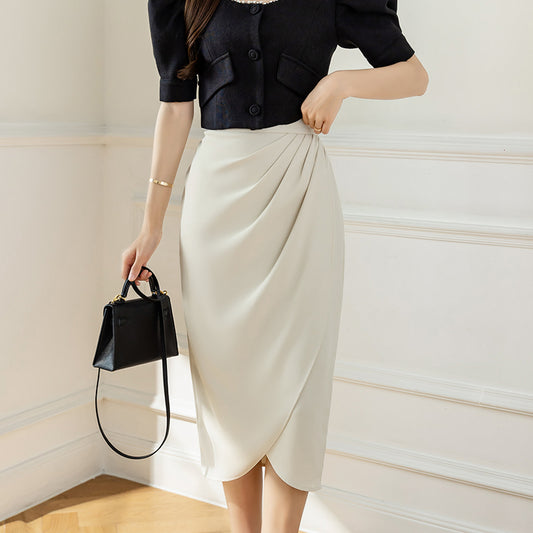 Vintage French High Waist Slit Skirt – Elegant Bodycon Mid-Length | Black, Apricot, Pink