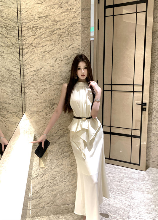 French Style Satin Halterneck Top & Skirt Set for Women