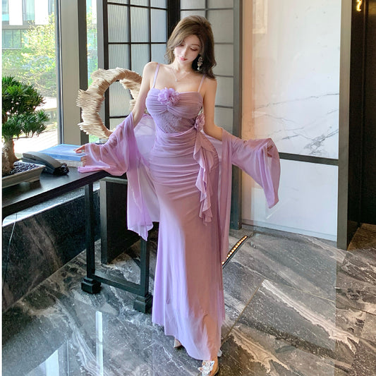 Romantic Violet Floral Sling Dress & Tulle Cardigan Two-Piece Set
