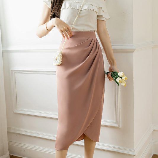 Vintage French High Waist Slit Skirt – Elegant Bodycon Mid-Length | Black, Apricot, Pink