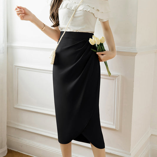 Vintage French High Waist Slit Skirt – Elegant Bodycon Mid-Length | Black, Apricot, Pink