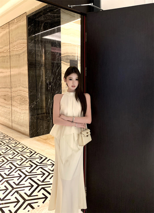 French Style Satin Halterneck Top & Skirt Set for Women