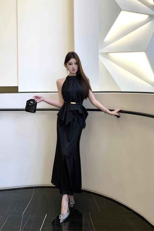 French Style Satin Halterneck Top & Skirt Set for Women