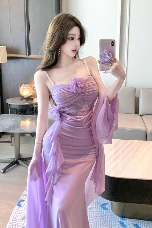 Romantic Violet Floral Sling Dress & Tulle Cardigan Two-Piece Set