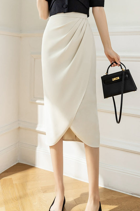 Vintage French High Waist Slit Skirt – Elegant Bodycon Mid-Length | Black, Apricot, Pink